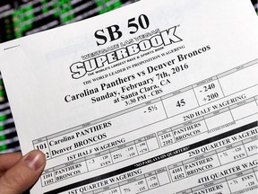 A betting sheet for Super Bowl 50 between the Carolina Panthers and the Denver Broncos is displayed at the Race & Sports SuperBook at the Westgate Las Vegas Resort & Casino on February 2, 2016 in Las Vegas, Nevada. The newly renovated sports book, currently offering nearly 400 proposition bets for the Super Bowl, has the world's largest indoor LED video wall with 4,488 square feet of HD video screens measuring 240 feet wide and 20 feet tall.