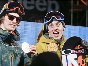 Max Parrot of Canada (left) takes 2nd place, Mark McMorris of Canada takes 1st place during the Winter X Games America's Navy Snowboard Big Air on January 23, 2015 in Aspen, Colorado.