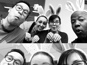Today's photo offering comes from good folks at the McGill University Health Centre, who say this: "Happy Easter from our bunny nurses ... joueuses Pâques tout le monde! #MyMUHC"