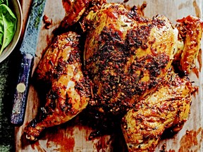 A rich mixture of seasonings flavours chicken cooked over a pan of beer.