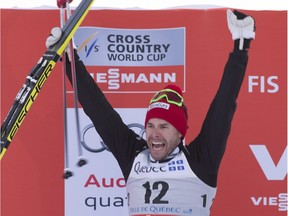 Quebecer Alex Harvey reacts to his second- place finish during the men's 1.7 km sprint free at the FIS cross country world cup, Friday, March 4, 2016, in Quebec City.
