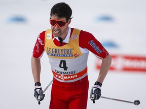 Quebecer Alex Harvey skis during World Cup cross country skiing men's 15km pursuit event in Canmore, Alta., Saturday, March 12, 2016.