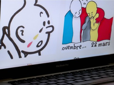 A picture taken on March 22, 2016 in Paris shows a view of a smartphone screening an Instagram page with the hashtag "#JESUISBRUSSELS" (#IAMBRUSSELS) and two tributes images picturing the color of the Belgian flag, a drawing by French cartoonist Plantu and the famous Belgian comic character Tintin, in tribute to victims of triple bomb attacks in the Belgian capital.