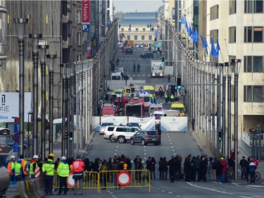 A security perimeter has been set, on March 22, 2016 near Maalbeek metro station in Brussels, after a blast at this station near the EU institutions caused deaths and injuries.