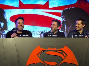 From left actor Ben Affleck, director Zack Snyder and actor Henry Cavill take part in a press conference for the movie "Batman v Superman: Dawn of Justice" in Beijing, China, Friday, March 11, 2016.
