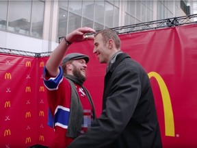 Boston Bruins captain Zdeno Chara was in Montreal on Super Bowl Sunday 2016 recording a commercial for McDonald's. In the TV ad, Canadiens fans are asked: "What would you be willing to do for a Big Mac?"  After some fans do a dance, others do jumping jacks and some do pushups, the interviewer asks: "Would you be willing to hug Zdeno Chara?"