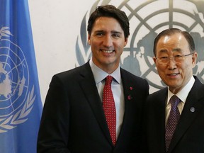 Prime Minister Justin Trudeau meets with United Nations Secretary-General Ban Ki-moon at the United Nations headquarters on March 16, 2016 in New York City. In an announcement at the UN, Trudeau said that Canada is making a bid to take a seat on the United Nations Security Council for a two-year term beginning in 2021.