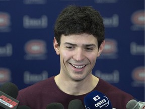 Montreal Canadiens goaltender Carey Price speaks to the media following a work out in full equipment at the team's practice facility in Brossard, Que., Thursday, March 3, 2016.