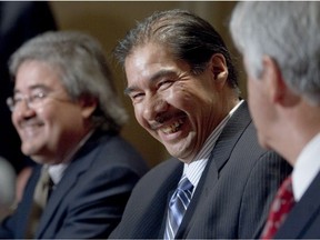 (L-R) Bill Namagoose (executive director of the Grand Council of the Crees), Matthew Mukash (then Grand Chief) and Lawrence Cannon (then federal transport minister) introducing a new agreement between the Government of Canada and the Cree Nation at a press conference on Monday, July 16, 2007 at the Intercontinental Hotel.