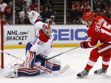 Red Wings centre Riley Sheahan scored twice against Canadiens goalie Ben Scrivens Thursday, March 24, in Detroit.