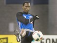 Montreal Impact's Didier Drogba kicks a ball during a training session in Montreal on March 1, 2016, ahead of the Impact's season opener against the Vancouver Whitecaps on March 6.