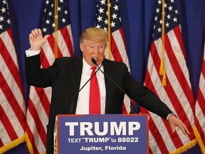 Republican presidential candidate Donald Trump speaks during a press conference at the Trump National Golf Club Jupiter on March 8, 2016 in Jupiter, Florida. Trump is projected to win the Republican Presidential primaries in Mississippi and Michigan.