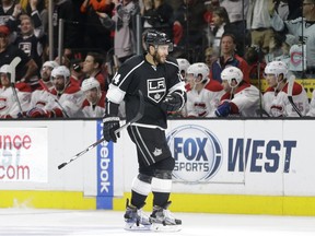 The Kings' Dwight King skates past the Canadiens bench while celebrating his goal during a 3-2 victory over Montreal at the Staples Center in Los Angeles on March 3, 2016.