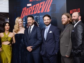 Cast members, from left, Elodie Yung, Deborah Ann Woll, Jon Bernthal, Charlie Cox, Elden Henson and Geoffrey Cantor attend the premiere of Netflix's Original Series Marvel's "Daredevil" Season 2 at AMC Lincoln Square on Thursday, March 10, 2016, in New York.