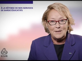 Former Québec premier Pauline Marois appears in a CSN video criticizing the provincial Liberal government's cuts to daycare.