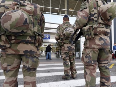 French troops patrol at the international airport of the French Riviera city of Nice on March 22, 2016. Belgium's neighbours France, Germany and the Netherlands tightened border security after the attacks on Brussels airport and metro system that left at least 26 dead.