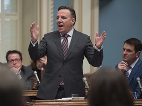 Quebec Second Opposition Leader François Legault questions the government over political parties public financing and the corruption charges that were laid against former deputy premier Nathalie Normandeau, Wednesday, March 23, 2016 at the legislature in Quebec City.