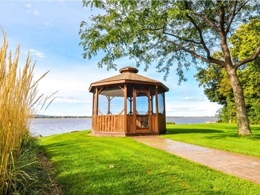 Gazebo looks out over 600 feet of private waterfront frontage.  (Photo courtesy of Royal LePage Heritage)