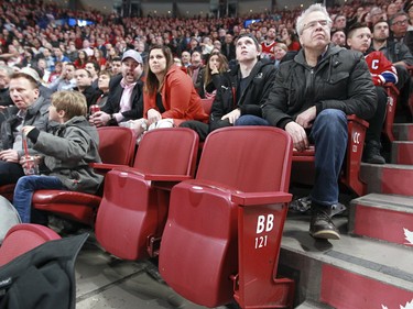 Empty seats in the reds during Montreal Canadiens vs Anaheim Ducks game in Montreal Tuesday, March 22, 2016.
