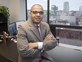 Herman Deparice-Okomba, who heads Montreal's radicalization prevention centre, in his office.