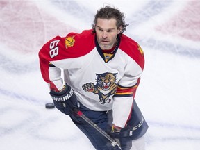 Florida Panthers right wing Jaromir Jagr warms up prior to facing the Montreal Canadiens in NHL hockey action Tuesday, March 15, 2016 in Montreal.