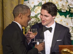 Prime Minister Justin Trudeau proposes a toast to US President Barack Obama during a state dinner Thursday, March 10, 2016 in Washington.
