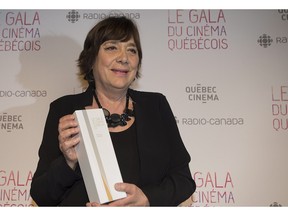 Lea Pool holds up her trophy for best director at the Quebec Cinema awards ceremony in Montreal, Sunday, March 20, 2016.