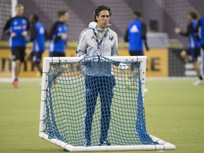 “We’ve had some good moments here at the Big O," says Montreal Impact head coach Mauro Biello, moving a training goal during practice on March 1, 2016, at Olympic Stadium.
