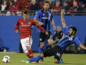 FC Dallas midfielder Mauro Diaz (10) avoids a tackle by Montreal Impact defender Victor Cabrera (36) during the first half of an MLS soccer match in Frisco, Tex., Saturday, March 19, 2016.