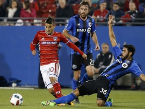 FC Dallas midfielder Mauro Diaz avoids a tackle by Impact defender Victor Cabrera during first half in Frisco, Tex., on Saturday, March 19, 2016.