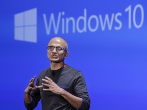 Microsoft CEO Satya Nadella speaks at an event demonstrating the new features of Windows 10 at the company's headquarters in Redmond, Wash. The company has apologized for hiring go-go dancers for a recent Xbox launch party.
