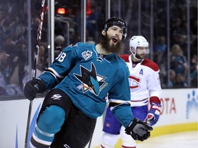 Brent Burns of the Sharks celebrates after scoring a goal in the second period against the Canadiens at the SAP Center on Feb. 29, 2016 in San Jose.