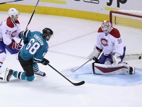 Melker Karlsson of the San Jose Sharks scores a goal on Mike Condon of the Montreal Canadiens at SAP Center on Feb. 29, 2016 in San Jose, Calif.