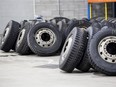 Tires ready to be installed on buses lie on the ground at the new STM Stinson Transport Centre on Friday, March 18, 2016, in Montreal, Quebec. The STM has been renovating its maintenance centres in the last few years. The Stinson Transport Centre has received several awards for its environmental friendliness.