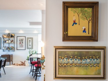 A view of the paintings by artists John Lim, top, and Creo, bottom, at the home of Tamra Rubin. (Dario Ayala / Montreal Gazette)