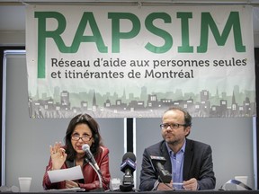 MONTREAL, QUE.: March 10, 2016 -- France Labelle, president of Reseau d'aide aux personnes seules et itin¾©rantes de Montreal (Rapsim) and director of Refuge des jeunes de Montreal, and Pierre Gaudreau, administrator of Rapsim, present a report on the scope of homelessness in Montreal at La Maison du P¾®re in Montreal Thursday March 10, 2016. (John Mahoney / MONTREAL GAZETTE)