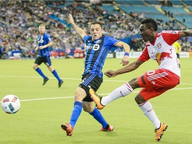 "Playing minutes is still the objective," says Impact's Wandrille Lefèvre, attempting to block a shot by New York Red Bulls' Lloyd Sam at the Olympic Stadium on Saturday, March 12, 2016.