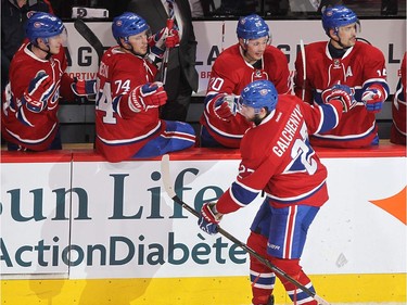 MONTREAL, QUE.: MARCH  15, 2016 -- Montreal Canadiens' Alex Galchenyuk celebrates his goal against the Florida Panthers, during second period NHL action in Montreal on Tuesday March 15, 2016. (Pierre Obendrauf / MONTREAL GAZETTE)