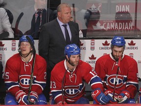 Canadiens head coach  Michel Therrien looks on following a goal by Florida Panthers' Aleksander Barkov in NHL action in Montreal on Tuesday, March 15, 2016.