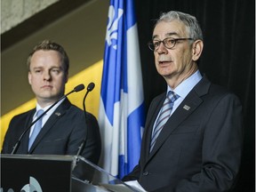 Robert Lafrenière, commissioner of UPAC, right, and Inspector André Boulanger, director of corruption investigations, at a press conference in Montreal Thursday March 17, 2016, announcing arrests in Quebec City and Montreal of a number of people including former Quebec Liberal cabinet ministers Marc-Yvon Coté and Nathalie Normandeau.