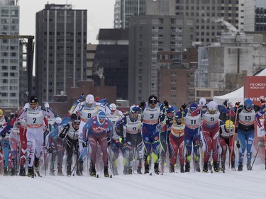 85 competitors from 18 countries sprint out of the start gate during the FIS World Cup race in  Montreal on Wednesday March 2, 2016.