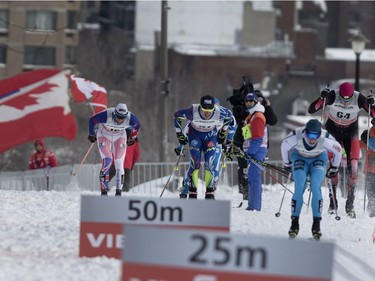Competitors approach the finish line during the FIS World Cup race in  Montreal on Wednesday March 2, 2016.