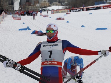 Emil Iverson of Norway celebrates after crossing the finish line to win the FIS World Cup race in  Montreal on Wednesday March 2, 2016.