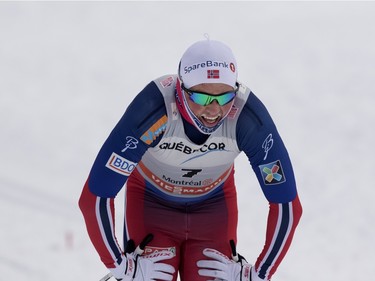 Emil Iverson of Norway reacts as he crosses the finish line to win the FIS World Cup race in  Montreal on Wednesday March 2, 2016.