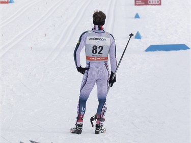 Matthew Edward Liebsch, USA, waits for his teammate to cross the finish line during the FIS World Cup race in  Montreal on Wednesday March 2, 2016.
