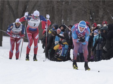 Sergey Ustiugov of Russia leads the pack during the FIS World Cup race in  Montreal on Wednesday March 2, 2016. Ustiugov went on to take 3rd place in the event.