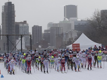 Seventy-two competitors from 18 countries sprint out of the start gate during the FIS World Cup race in  Montreal on Wednesday March 2, 2016.