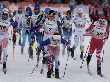 The pack begins its second lap during the Men's FIS World Cup race in  Montreal on Wednesday March 2, 2016.