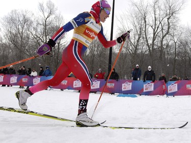 Therese Johaug of Norway leads the pack by a large margin as she goers on to win the FIS World Cup race in  Montreal on Wednesday March 2, 2016.