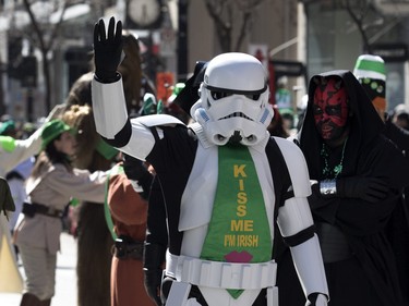 Star Wars characters are Irish for the day as they take part in the annual St. Patrick's Parade in Montreal on Sunday, March 20, 2016.